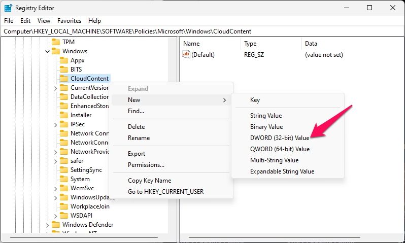 Under the CloudContent key create a new DWORD (32-bit) Value