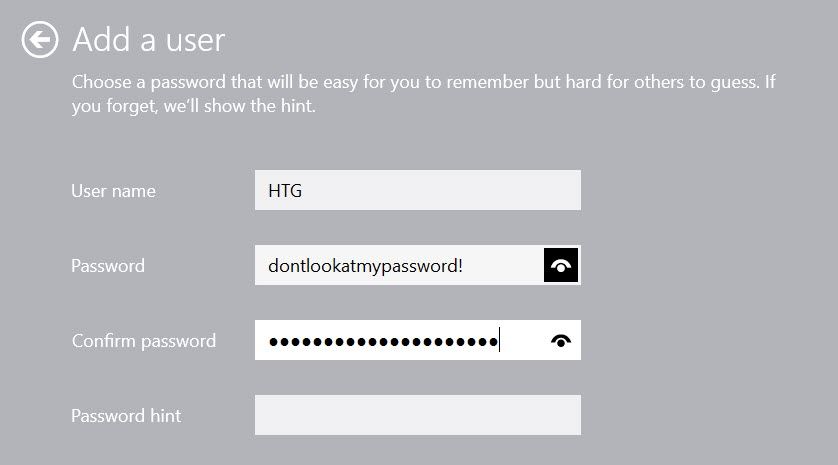 Choosing a user name and password to the local account while creating it on Windows.