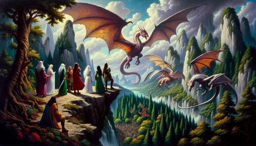 A fantasy scene generated by DALL-E 3 to resemble 90s fantasy art with dragons and elves