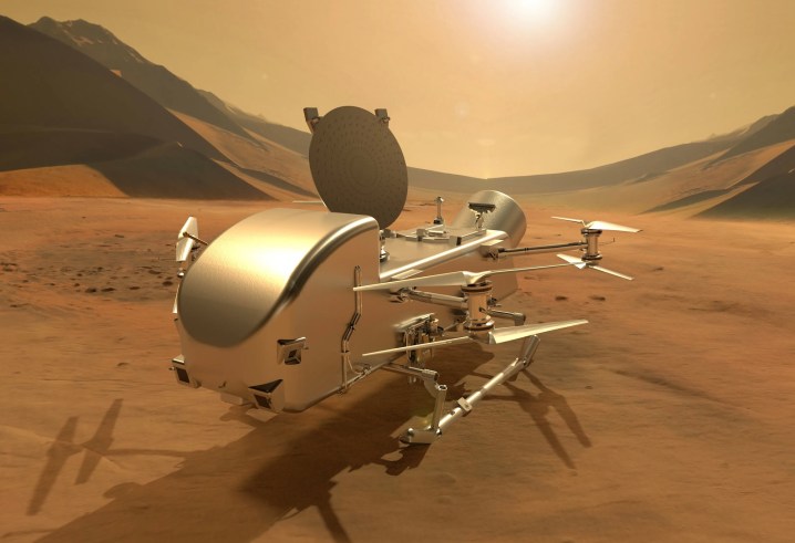 Artist’s impression of the Dragonfly rotorcraft lander on the surface of Titan, Saturn’s largest moon.