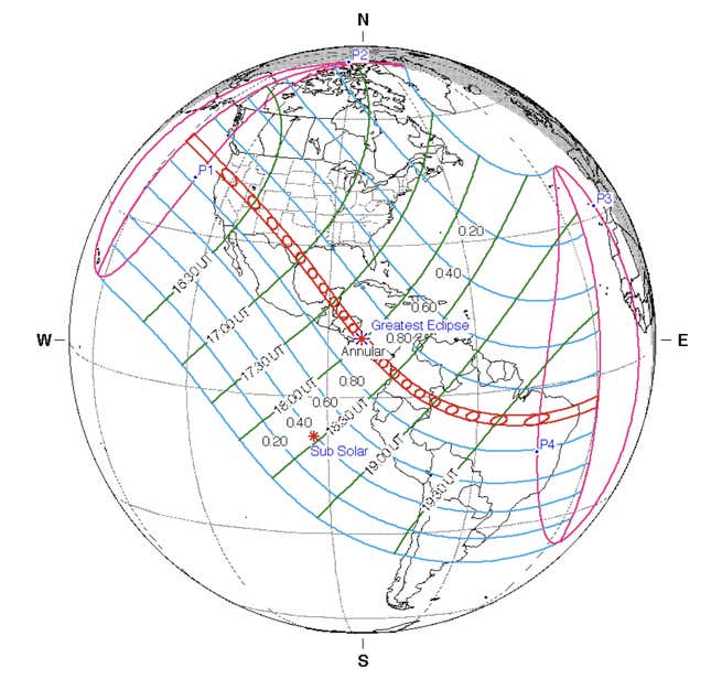 The red trail shows the path of annularity, but outlying regions will experience partial views, as designated by the green/blue grid and percentile values (e.g. New York City will experience around 30% obstructed view of the Sun; Florida around 70%, etc). 