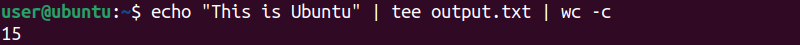 echo command piped with tee and wc to redirect the output