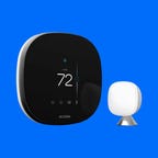 Ecobee Smart Thermostat with Voice Control displaying 72 degrees temperature alongside SmartSensor