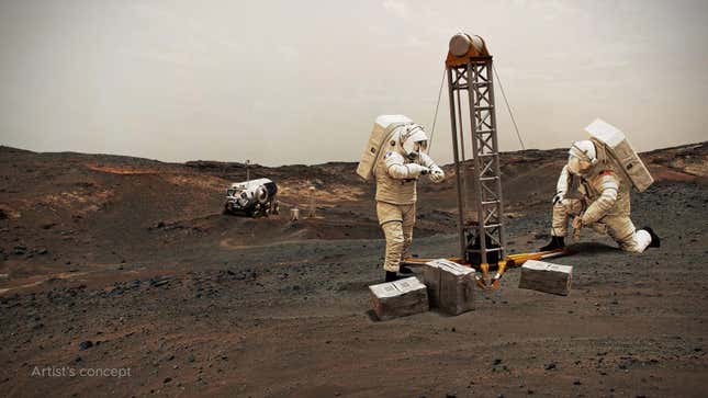 An illustration of astronauts working on the surface of Mars.