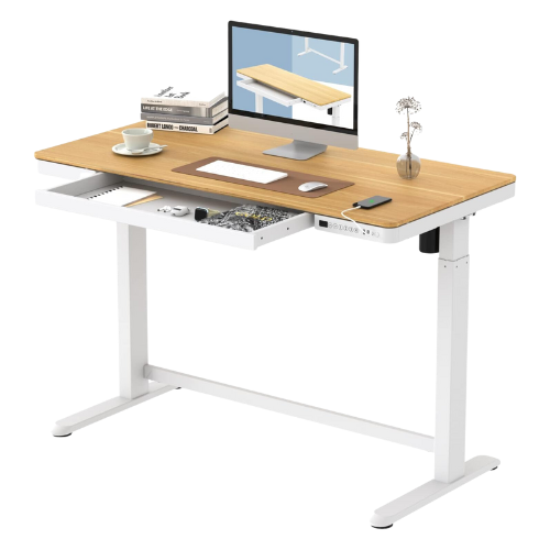 FlexiSpot Comhar Standing Desk (Q8) with drawer open and full