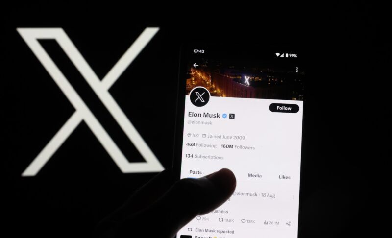 Elon Musk's account on X (formerly Twitter) displayed on a smartphone next to a large X logo.