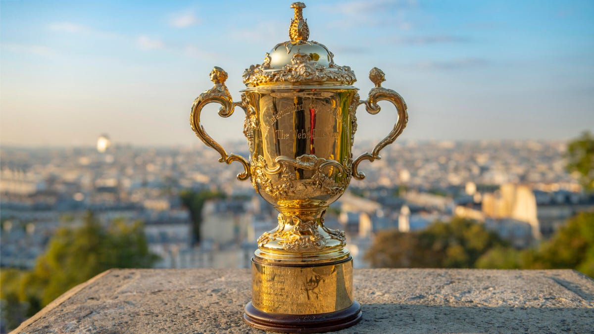 The Webb Ellis Cup place on a ledge with a blurred Paris landscape in the background.