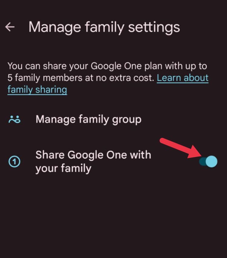 Toggle the Share Google One with your family button