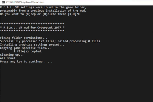 Run the RealConfig.bat file to setup the R.E.A.L VR mod for Cyberpunk 2077