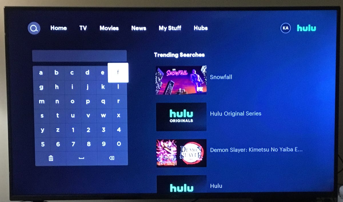 Hulu's search screen on a TV