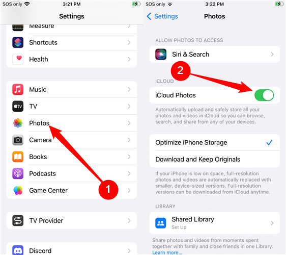 Open the Settings app, tap "Photos," then tap the toggle next to "iCloud Photos."