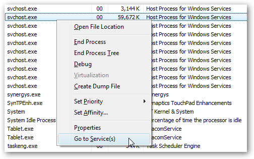 Right-click svchost.exe, then click "Go to Service(s)" to show more information. 