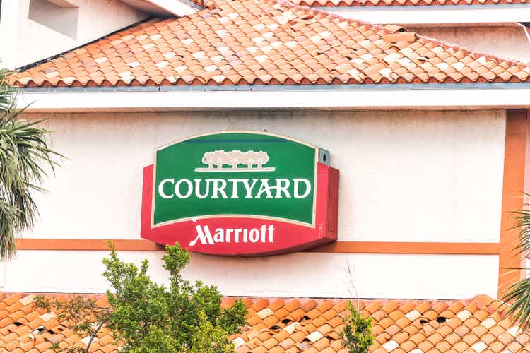 Courtyard Marriott hotel, inn lodging sign on building with roof, tiled red, orange tiles on rooftop, palm trees in Florida keys