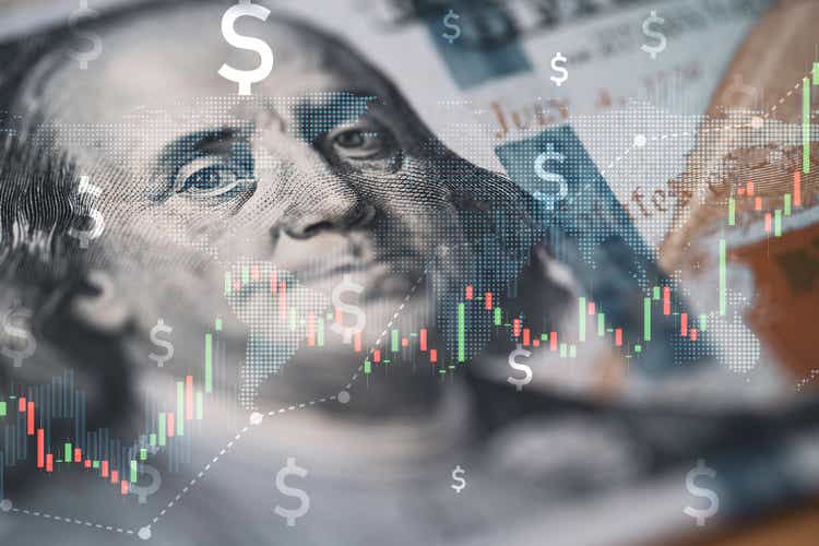 Closeup Benjamin Franklin face on USD banknote with stock market chart graph for currency exchange and global trade forex concept.