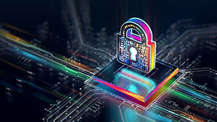 Hardware security concept. Digital shield firewall with central computer processor and futuristic circuit board