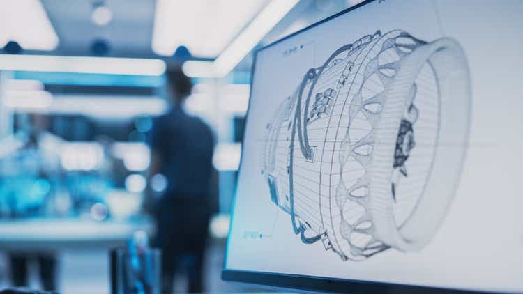 Close Up of a Computer Monitor Display with 3D CAD Software with Prototype Turbine Motor Project. Interface with Vital Setting and Programming Options for the Industrial Engine Prototype.