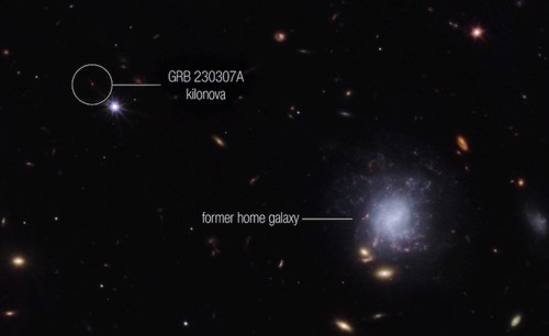 A view of the kilonova explosion (red dot on top left) responsible for creating the potent gamma-ray burst.