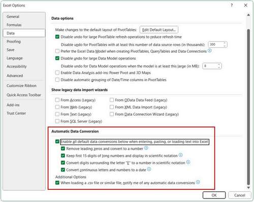 Microsoft Excel window showing the setting to turn off automatic data conversion