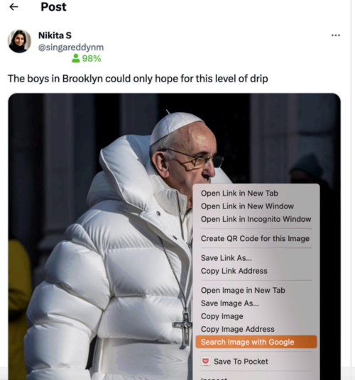 A screenshot of a Tweet that reads "The boys in Brooklyn could only hope for this level of drip" with a picture of the Pope in a large white puffer jacket. A drop down menu hovers over the pictures with "Search Image with Google" highlighted.