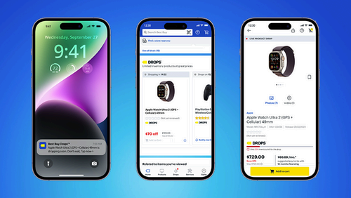 three phones displaying best buy drops