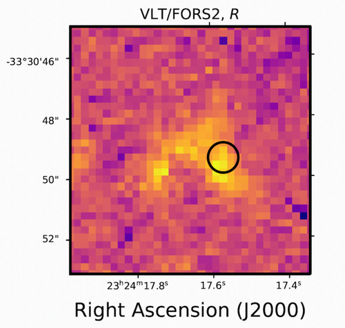 The Very Large Telescope's view of the distant galaxy that emitted FRB 20220610A. The black circle shows the location of the fast radio burst.