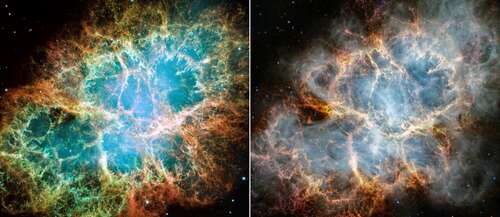 On left: Hubble's view of the Crab Nebula. On right: Webb's view of the Crab Nebula.