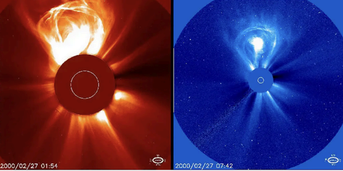 Two views of a coronal mass ejection, or CME, ejected from the sun in February 2000.