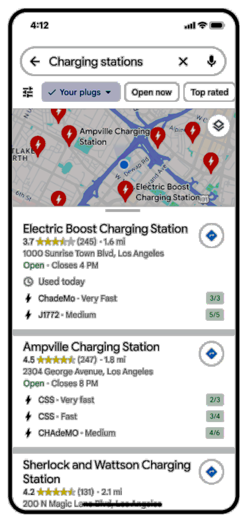 A Google Maps screenshot showing EV charging stations.