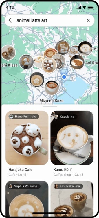 A screenshot of photo results for "animal latte art" in Google Maps.