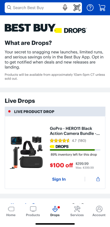 Screenshot of "Drops" section in Best Buy app.