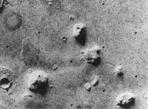 A natural feature on Mars that, from an image taken in 1976, looks similar to a face or skull.