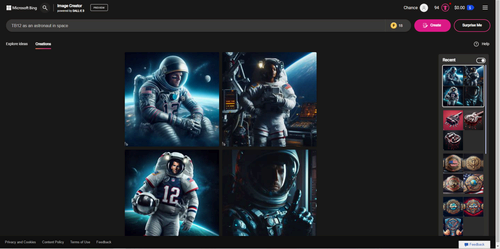 Bing image creator of Tom Brady in an astronaut costume