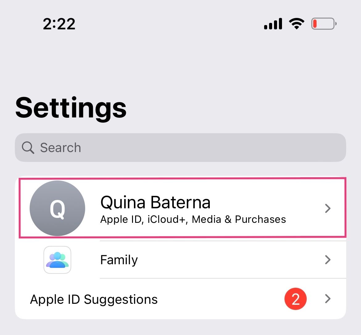 iCloud name in iPhone settings