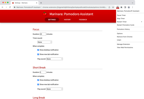 Marinara Pomodoro Technique extension for Chrome browser