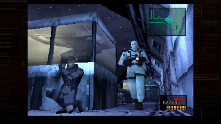 Solid Snake hides behind a wall in Metal Gear Solid.