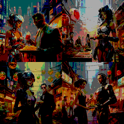 A grid of imaged from MidJourney depicting cyberpunk artwork