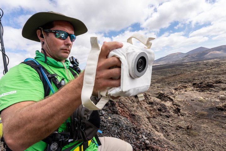 Astronaut Thomas Pesquet tests the moon camera in the lunar-like landscapes of Lanzarote, Spain.