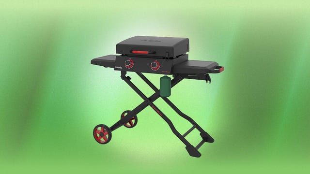 A foldable black griddle on a green background