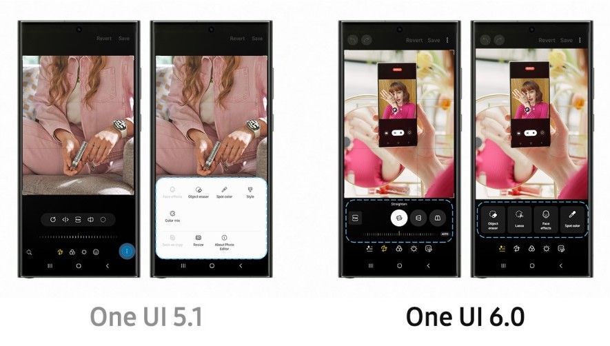 Screenshots of the photo editor in One UI 5.1 and One UI 6.0