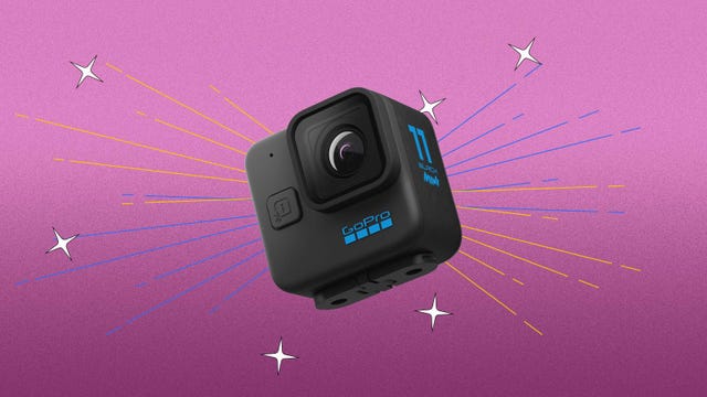 GoPro's Hero 11 Black Mini camera is displayed against a purple background.