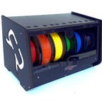 A black wooden box with 6 different color filaments inside