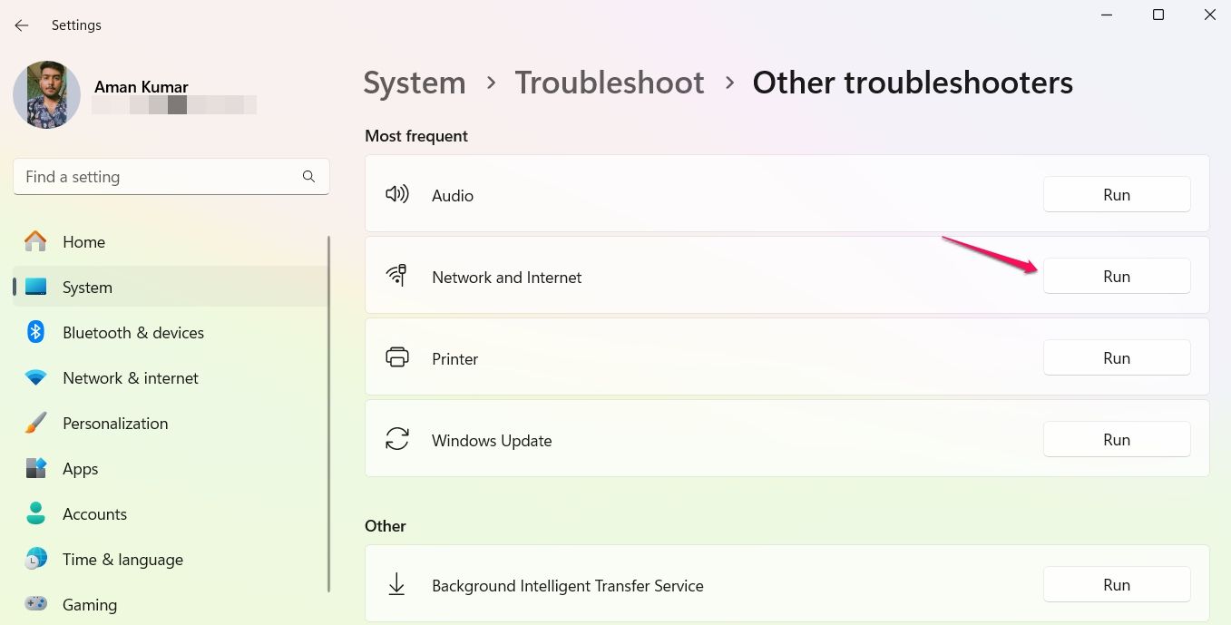 Run option next to Network and Internet