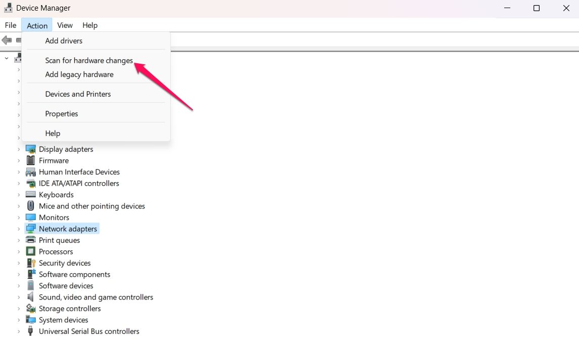 Scan for hardware changes option in the Device Manager