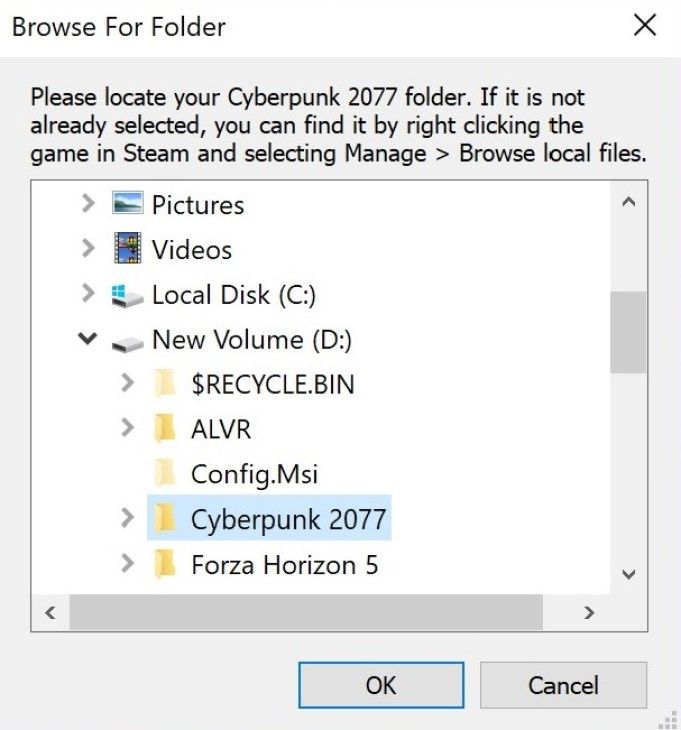 Select game file location of Cyberpunk 2077 for VorpX VR mod installation