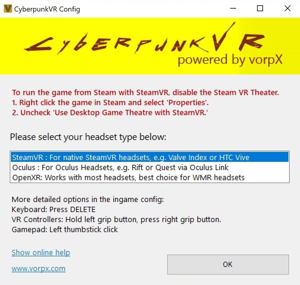 Select what kind of VR headset you will use to play Cyberpunk 2077 in VR using VorpX