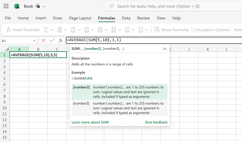 Formula bar in Excel on the web