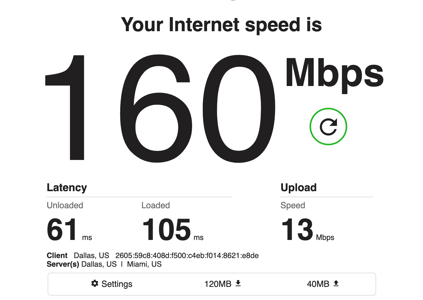 screenshot of interenet speed from fast.com