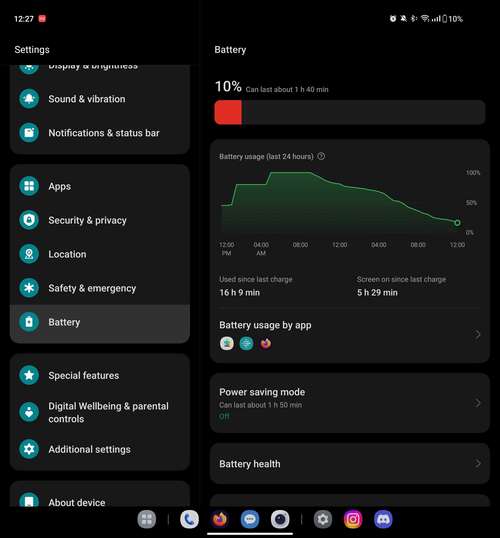 OnePlus Open battery settings.