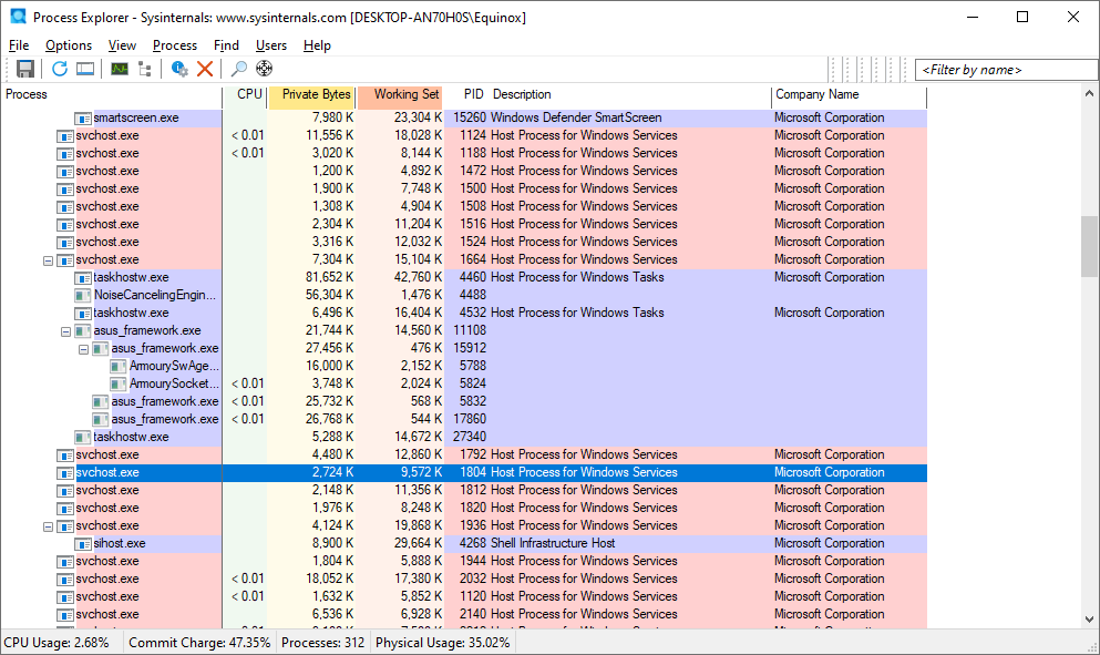 Process Explorer showing svchost.exe running. 