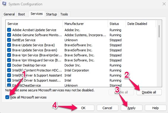 In the Services tab, select Hide all Microsoft Services and Disable all. 